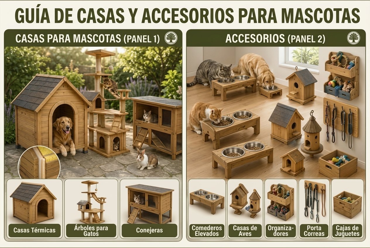 Planos de proyectos para mascotas: casas térmicas de perro, árboles para gatos, comederos elevados y conejeras