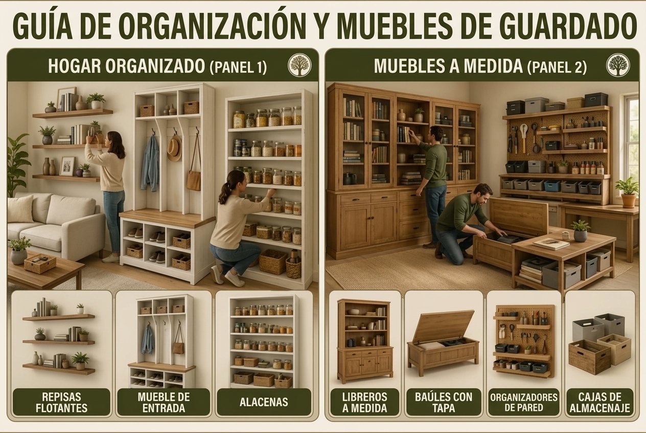 Planos de organización del hogar: repisas flotantes, muebles de entrada, alacenas y libreros a medida