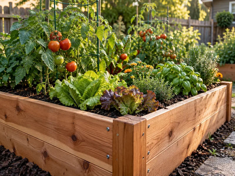 Huerto elevado de madera con plantas de tomate
