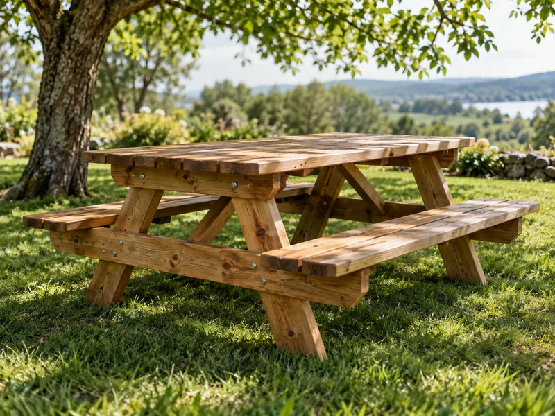 Mesa de picnic de madera con bancos integrados