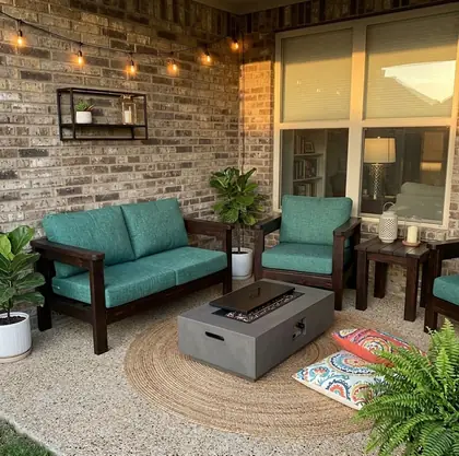 Juego de sillón, mesa y banquetas de jardín con acabado oscuro