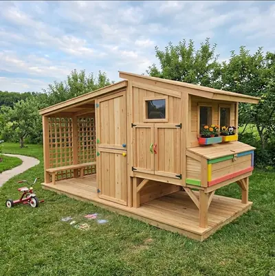 Casita infantil de madera con porche y macetero construida con los planos