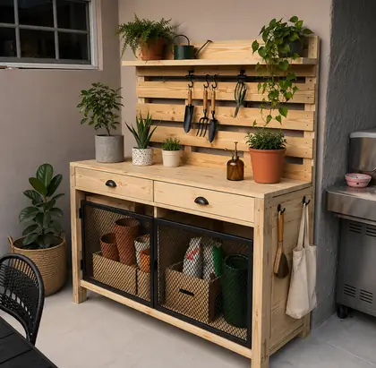 Mesa de cultivo con cajones y repisa para herramientas construida con los planos